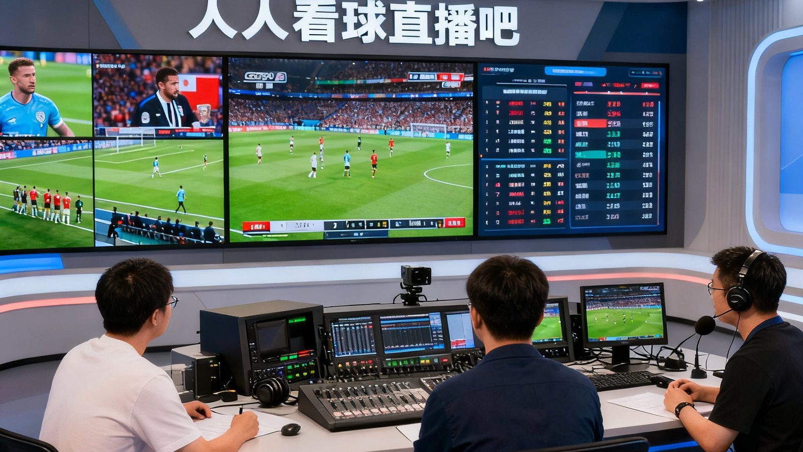 人人看球直播吧团队在现代化演播室中，大屏幕显示多场直播画面和数据面板
