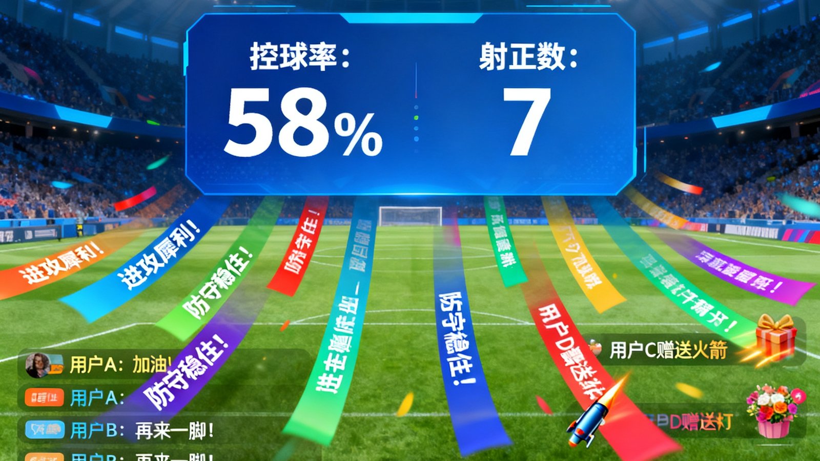 实时数据面板展示控球率射正数，彩色弹幕飘过，聊天室与礼物特效同时显示